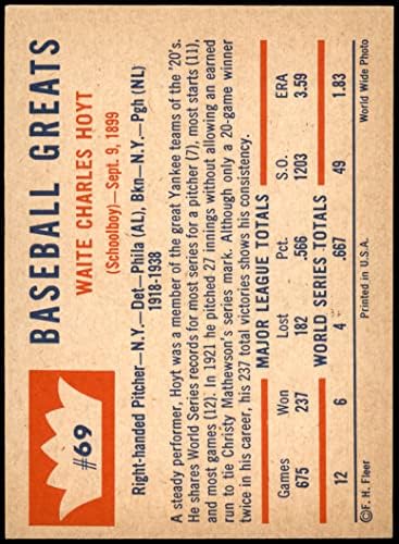 1960 Fleur # 69 Уейт Хойт Тайгърс/Янкис/Ред Сокс (Бейзболна картичка) EX/MT+ Тайгърс/Янкис/Ред Сокс