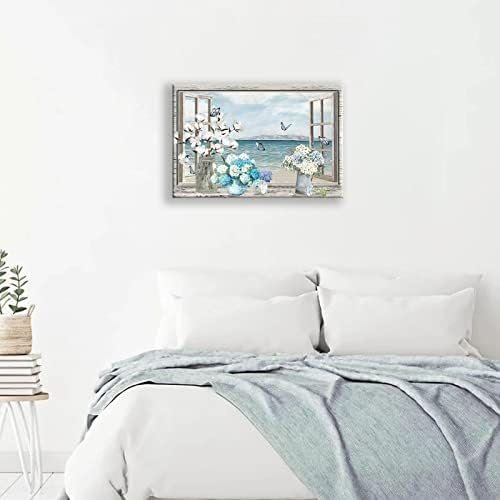 Памук Цветен Плакат Mason Jar Flower Wall Art Тематичен Плакат с изображение на Синия океан, Плажни артистични