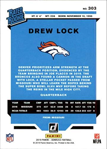 Запознати с рейтинг Donruss по футбол 2019 #303 Дрю Лок Denver Broncos Официалната картичка начинаещи по футбол NFL RC, направена Панини