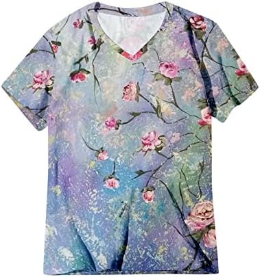 MIASHUI Ежедневни Ризи, Дамски Дамски Ежедневни Модни Тениски с V Образно деколте и Цветисти Принтом с Къс Ръкав