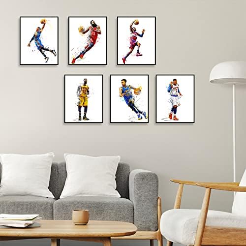 Комплект от 6 Плакати баскетболист Джеймс Къри Хардена Уэстбрука Антъни, Акварел, с монтиран на стената Платно,