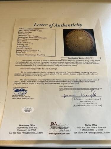 Джо Пейдж подписа Договор с Легендата на Американската лига бейзбол JSA COA Ню Йорк Янкис - Бейзболни топки