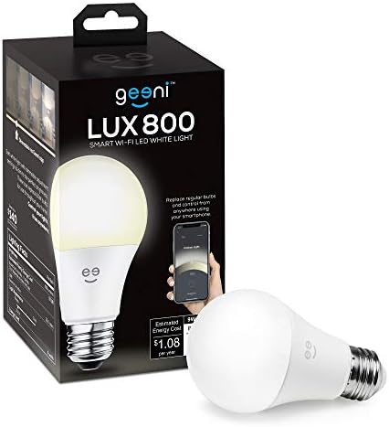 Led лампа Geeni LUX 800 Smart Wi-Fi с регулируема яркост на бяла светлина (2700K) – A19, което е равно на 60 W – Хъб не се изисква - Работи с Alexa, Google Assistant