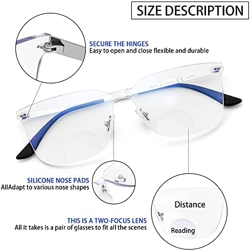 Бифокални Очила за Четене VIDEBLA, Блокиране на Синя Светлина, Лека Рамки за Четене без Рамки, Бифокални Очила