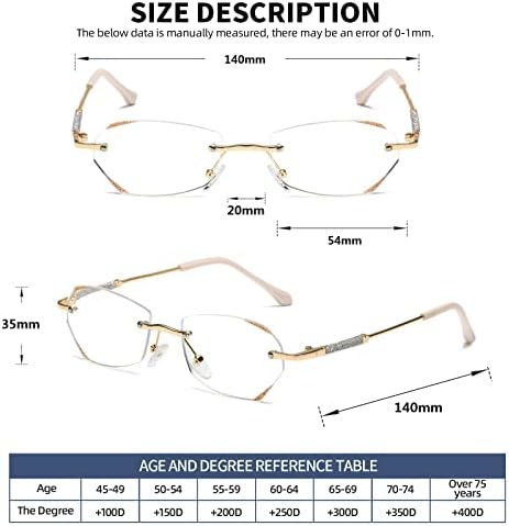 OWTXIS, 2 опаковки Очила за четене без рамки за жени, Блокиране на Синя Светлина, Модни Очила за Четене с Диаманти,