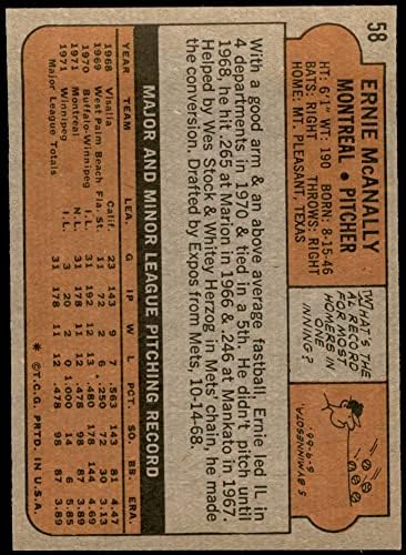 1972 Topps # 58 Ърни Макэнелли Монреальская изложба (Бейзболна картичка) EX Изложения