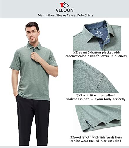 Мъжки ризи Поло VEBOON С къс ръкав От Памучна Смес, Абсорбиращи Влагата Ежедневни Ризи С яка От Хедър