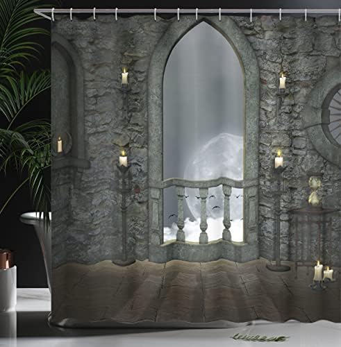 Завеса за душа в готически стил Ambesonne, Фигура в стил фентъзи Птици в Пълнолуние, Стария Замък, Балкон, Записване
