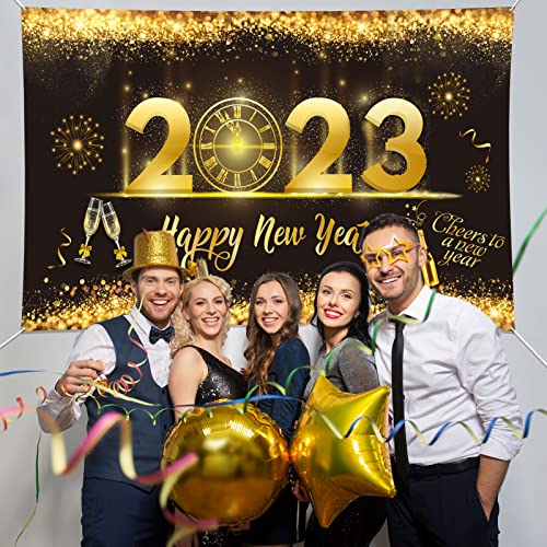 Аксесоари за декорация на партита, честита Нова година, на Фона на честита Нова година 2023 за украса на парти в навечерието на Нова година, Златна Блестящ Край на зве?