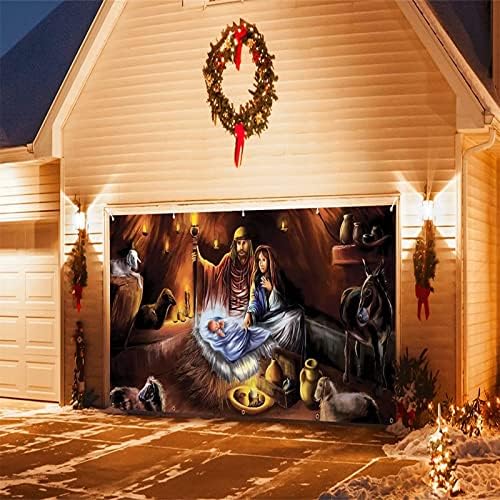 7x16FT Весел Коледен Празничен Банер, Стенни картини на гаражни врати, Зимен, Снежен човек, Дядо коледа, Външно Голямо Украса за врата капачки, Декорация за коледните п