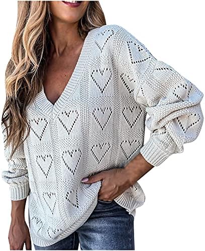Вязаный Пуловер с V-образно деколте и Вафли, Пуловер с Дълъг Ръкав, Обикновен, във Формата На Сърце, Без Пуловер,