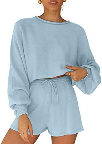 JNINTH/ Дамски Трикотажная облекло от 2 теми, Обикновен Пуловер, Пуловер с пищни ръкави, Съкратен Топ и къси