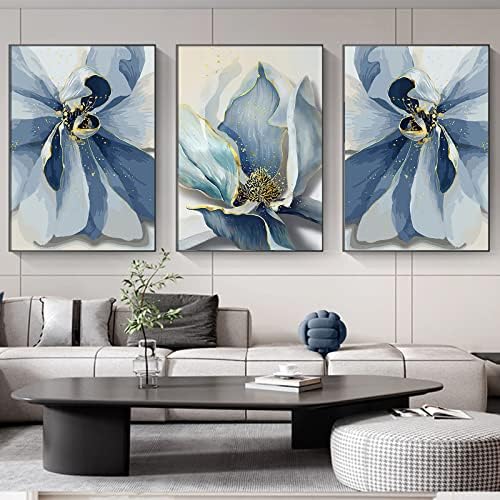 Сини Флорални Картини, монтиран на стената Артистичен Интериор за Спални, Модерен Индиго, Абстрактни Сини и