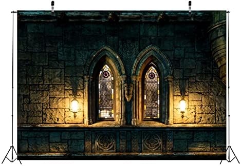 BELECO 10x8ft Текстилен Фон за Снимки в Готически Замък Древен Каменен Замък Сводести Прозорци с Оцветени Стъкла