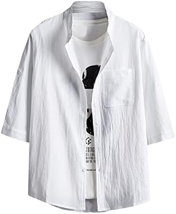 ZHISHILIUMAN Памук, Ленени Ризи за Мъже, Ежедневни Риза с Копчета и Къс Ръкав, Обикновена Тениска Свободно Намаляване