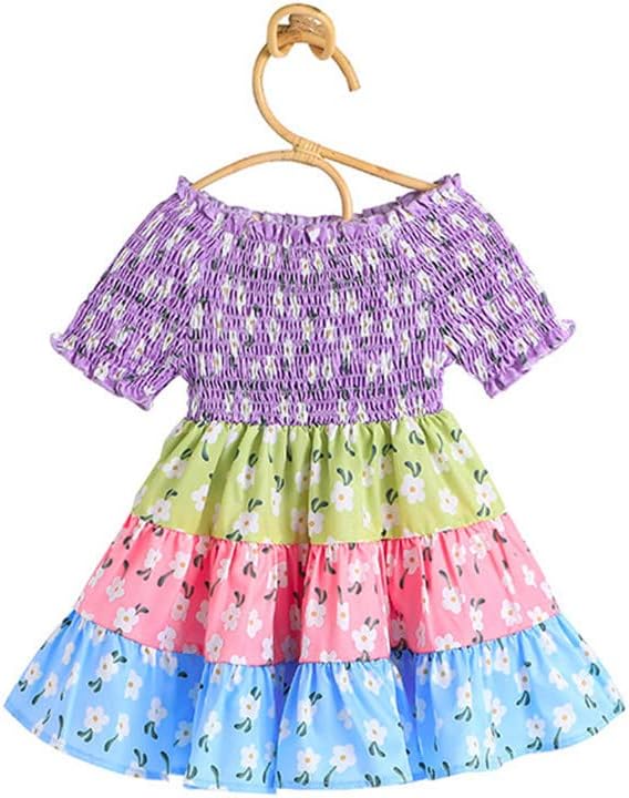 KAGAYD/Принцеса Рокля за момичета, рокля с къс ръкав и цветна принтом за малки Момичета, Летен Плажен Сарафан, Вечерни Рокли на Принцеси (лилаво, 2-3 години)