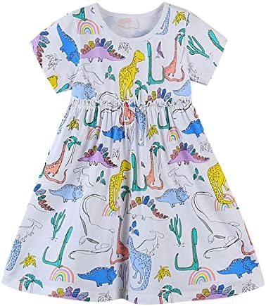 KAGAYD/Празнична рокля за момичета; Рокля за малки момичета с къс ръкав и принтом Динозавър; Летен Плажен Сарафан; Вечерни Рокли на Принцеси (Бял, 3-4 г.)